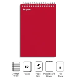 Staples Memo Pad, 4" x 6", College Ruled, Assorted Colors, 50 Sheets/Pad, 5 Pads/Pack (ST11494N)