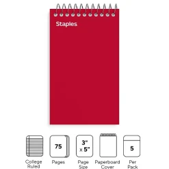 Staples Memo Pads, 3" x 5", College Ruled, Assorted Colors, 75 Sheets/Pad, 5 Pads/Pack (TR11491)