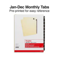 Staples Monthly Pre-Printed Monthly Paper Divider, Jan-Dec, Buff with Black Tabs, 1 Set (13551/11484)