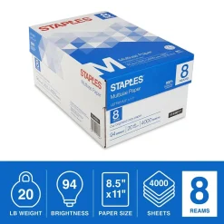 Staples Multiuse Copy Paper, 8.5" x 11", 20 lbs., 94 Brightness, 500 Sheets/Ream, 8 Reams/Carton (26860-CC)