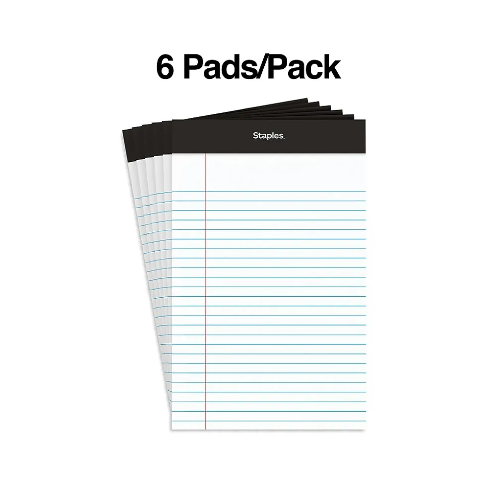 Staples Notepads, 5" x 8", Narrow Ruled, White, 100 Sheets/Pad, 6 Pads/Pack (ST57343)