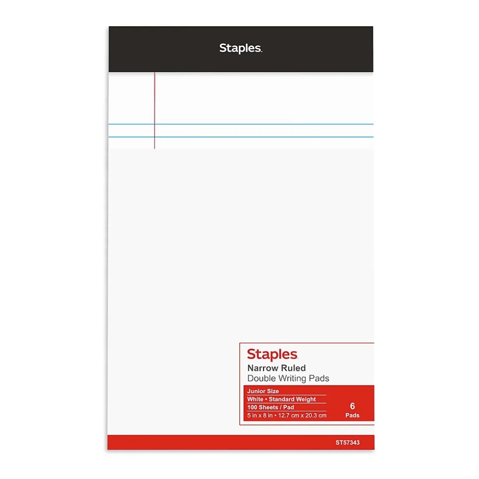 Staples Notepads, 5" x 8", Narrow Ruled, White, 100 Sheets/Pad, 6 Pads/Pack (ST57343)