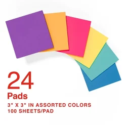 Staples Notes, 3" x 3", Sorbet Collection, 100 Sheet/Pad, 24 Pads/Pack (S-33BO24)
