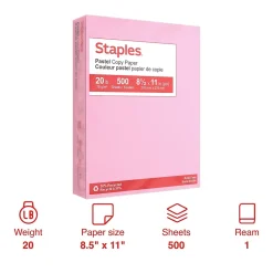 Staples Pastel 30% Recycled Color Copy Paper, 20 lbs., 8.5" x 11", Pink, 500/Ream (14779)