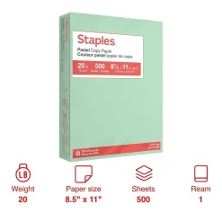 Staples Pastel 30% Recycled Color Copy Paper, 20 lbs., 8.5" x 11", Green, 500/Ream (14781)