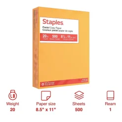 Staples Pastel 30% Recycled Color Copy Paper, 20 lbs., 8.5" x 11", Goldenrod, 500/Ream (14788)