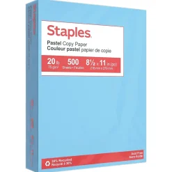 Staples Pastel 30% Recycled Color Copy Paper, 20 lbs., 8.5" x 11", Blue, 500/Ream (14786)