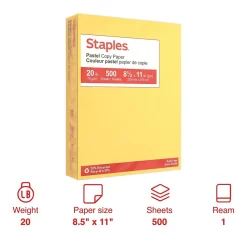 Staples Pastel 30% Recycled Color Copy Paper, 20 lbs., 8.5" x 11", Canary, 500/Ream (14787)