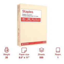 Staples Pastel 30% Recycled Color Copy Paper, 20 lbs., 8.5" x 11", Cream, 500/Ream (14789)