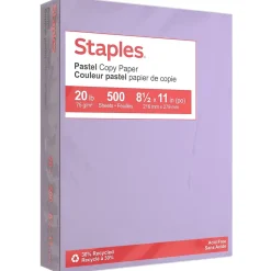 Staples Pastel 30% Recycled Color Copy Paper, 20 lbs., 8.5" x 11", Lilac, 500/Ream (14782)