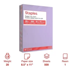 Staples Pastel 30% Recycled Color Copy Paper, 20 lbs., 8.5" x 11", Lilac, 500/Ream (14782)