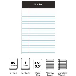 Staples® Perforated Mini Legal Writing Pads - Narrow Ruled, 3.5