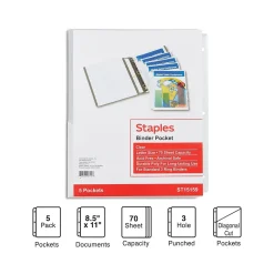 Staples Poly Binder Pocket, 3-Hole Punched, Clear, 5/Pack (ST15159-CC)