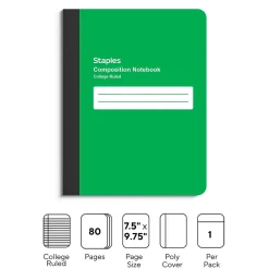 Staples Poly Composition Notebook, 7.5" x 9.75", College Ruled, 80 Sheets, Green (ST55079)
