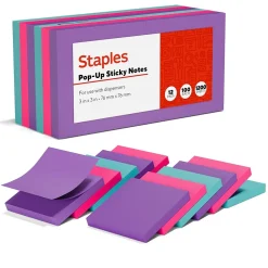 Staples Pop-up Notes, 3" x 3", Berry Blast Collection, 100 Sheet/Pad, 12 Pads/Pack (52225)
