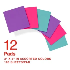 Staples Pop-up Notes, 3" x 3", Berry Blast Collection, 100 Sheet/Pad, 12 Pads/Pack (52225)
