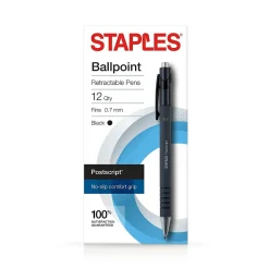 Staples Postscript Retractable Ballpoint Pens, Fine Point, Black Ink, Dozen (18264)