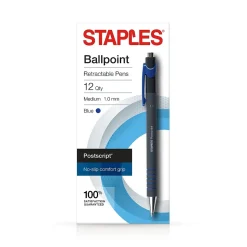 Staples Postscript Retractable Ballpoint Pens, Medium Point, Blue Ink, Dozen (18263)