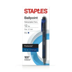 Staples Postscript Retractable Ballpoint Pens, Fine Point, Blue Ink, Dozen (18266)