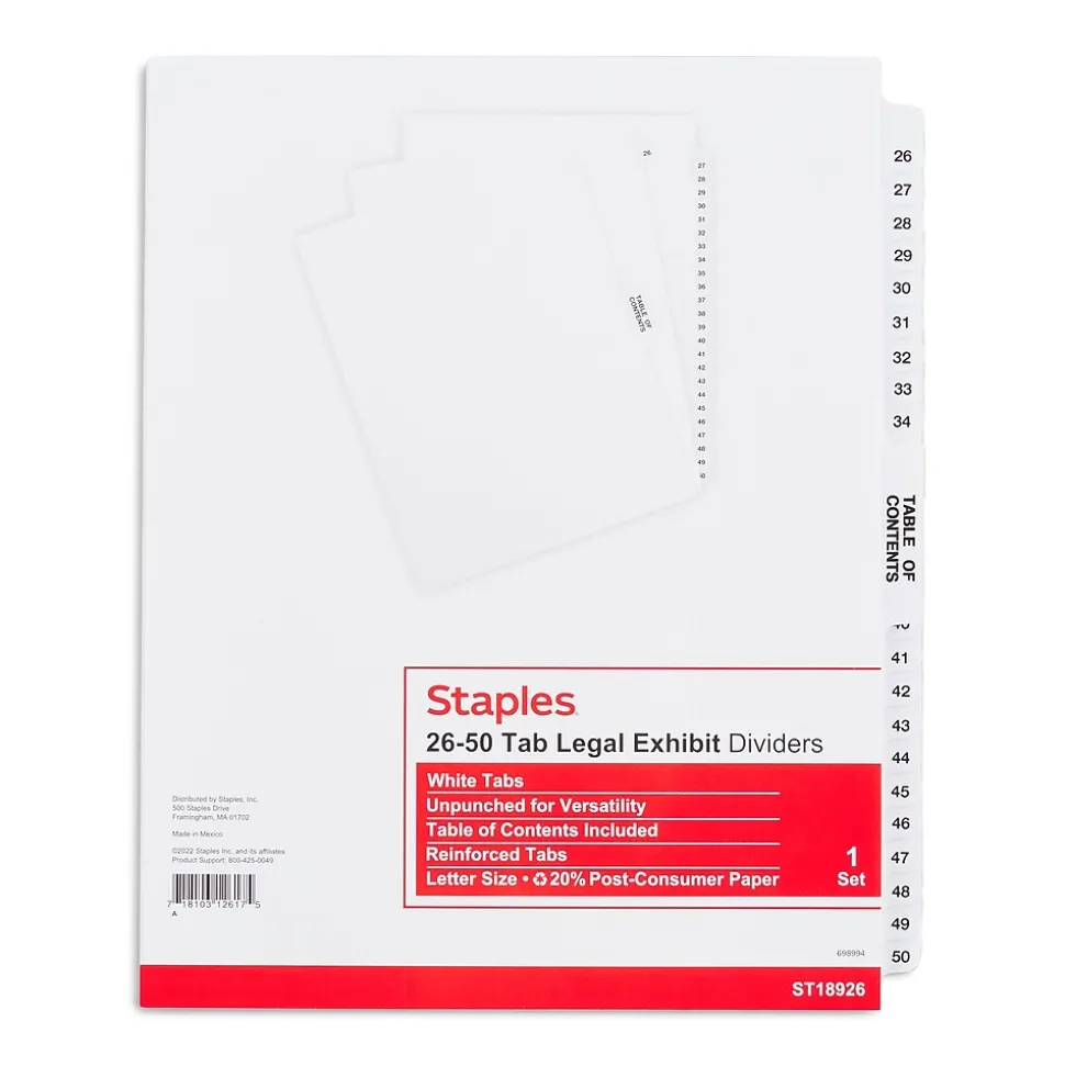 Staples Premium Collated Legal Divider with 26-50/Table of Contents Tab Set (11372)