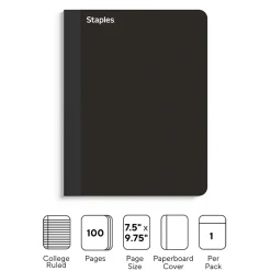 Staples Premium Composition Notebook, 7.5" x 9.75", 100 College Ruled Sheets, Black (TR58342)
