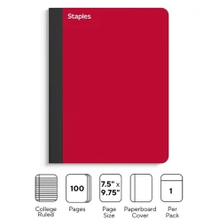 Staples Premium Composition Notebook, 7.5" x 9.75", College Ruled, 100 Sheets, Assorted Colors (TR58341)