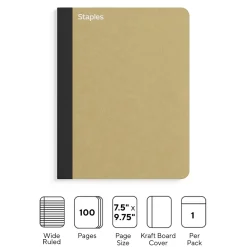 Staples Premium Composition Notebook, 7.5" x 9.75", Wide Ruled, 100 Sheets, Brown (TR52119)