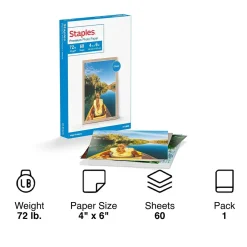 Staples Premium Glossy Photo Paper, 4"W x 6"L, 60/Pack (19898-CC)