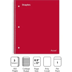 Staples Premium Poly 3-Subject Notebook, 8.5" x 11", College Ruled, 150 Sheets, Red (ST58315)