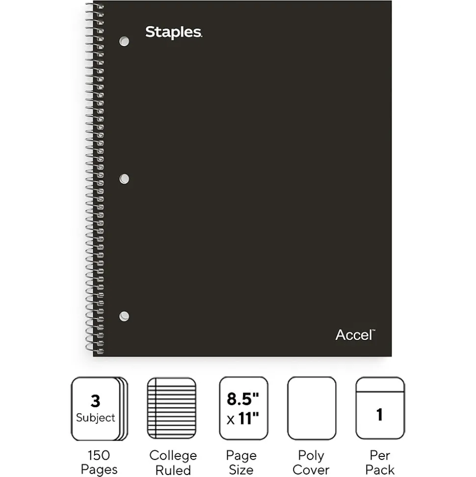 Staples Premium Poly 3-Subject Notebook, 8.5" x 11", College Ruled, 150 Sheets, Black (ST58313)