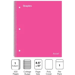 Staples Premium Poly 1-Subject Notebook, 8.5" x 11", College Ruled, 100 Sheets, Pink (ST51448D)