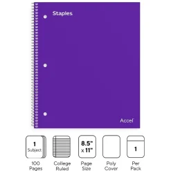 Staples Premium Poly 1-Subject Notebook, 8.5" x 11", College Ruled, 100 Sheets, Purple (ST20954D)