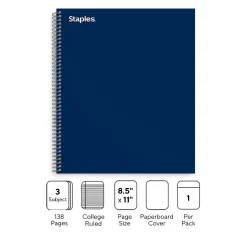 Staples Premium 3-Subject Notebook, 8.5" x 11", College Ruled, 138 Sheets, Blue (TR58360M-CC)
