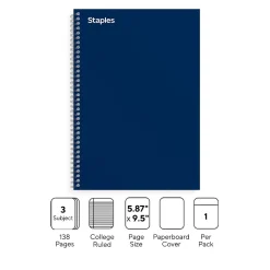 Staples Premium 3-Subject Notebook, 5.88" x 9.5", College Ruled, 138 Sheets, Blue (ST58352)