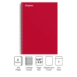 Staples Premium 3-Subject Notebook, 5.88" x 9.5", College Ruled, 138 Sheets, Red (ST58353)