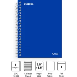 Staples Premium 1-Subject Notebook, 3.5" x 5.5", College Ruled, 200 Sheets, Blue (TR58289)