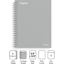 Staples Premium 1-Subject Notebook, 3.5" x 5.5", College Ruled, Gray (TR58291)