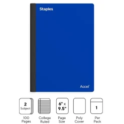Staples Premium 2-Subject Notebook, 6" x 9.5", College Ruled, 100 Sheets, Blue (TR58326)