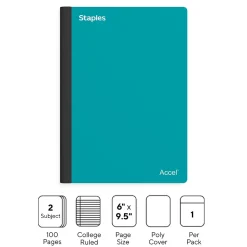 Staples Premium 2-Subject Notebook, 6" x 9.5", College Ruled, 100 Sheets, Teal (ST58328)