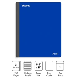 Staples Premium 3-Subject Notebook, 8.5" x 11", College Ruled, 150 Sheets, Blue (ST58330)