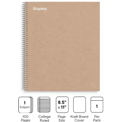Staples Premium 1-Subject Notebook, 8.5" x 11", College Ruled, 100 Sheets, Brown (TR52121)