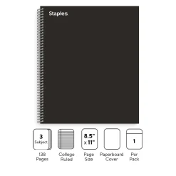 Staples® Premium 3-Subject Subject Notebooks, 8.5" x 11", College Ruled, 150 Sheets, Black (TR58359M-CC)
