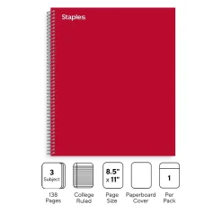 Staples® Premium 3-Subject Subject Notebooks, 8.5" x 11", College Ruled, 150 Sheets, Red (TR58361M-CC)