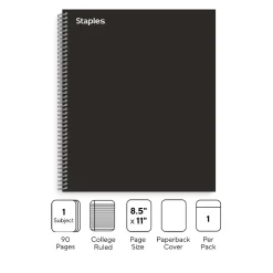 Staples® Premium 1-Subject Subject Notebooks, 8.5" x 11", College Ruled, 100 Sheets, Black (TR58355M-CC)