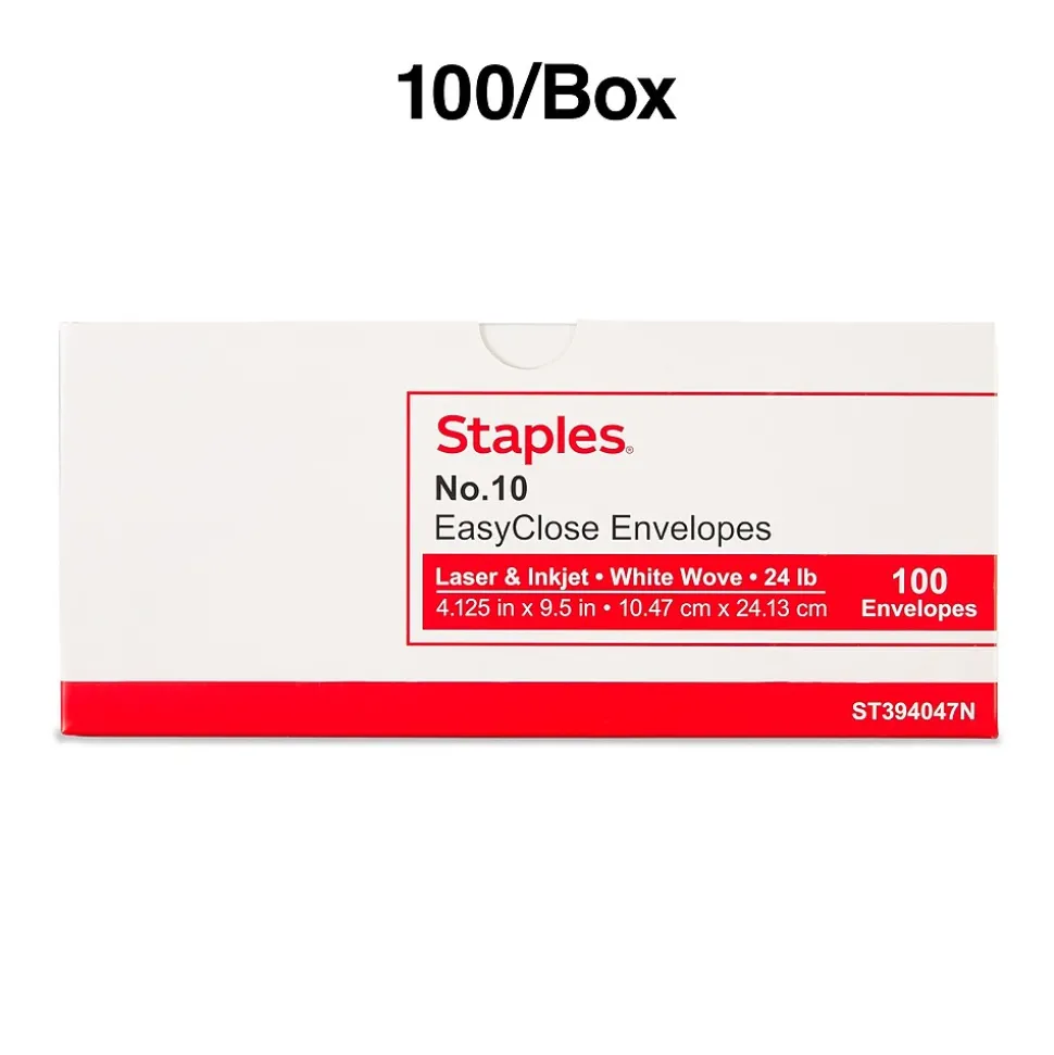 Staples QuickStrip EasyClose #10 Business Envelopes, 4 1/8" x 9 1/2", White, 100/Box (394047N)