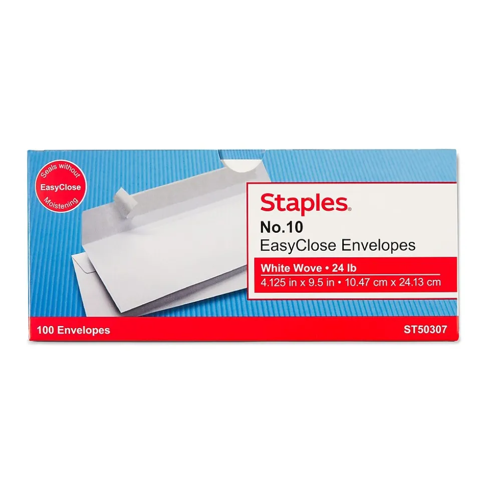 Staples QuickStrip EasyClose Self Seal #10 Business Envelopes, 4 1/8" x 9 1/2", White, 100/Box (ST50307-CC)