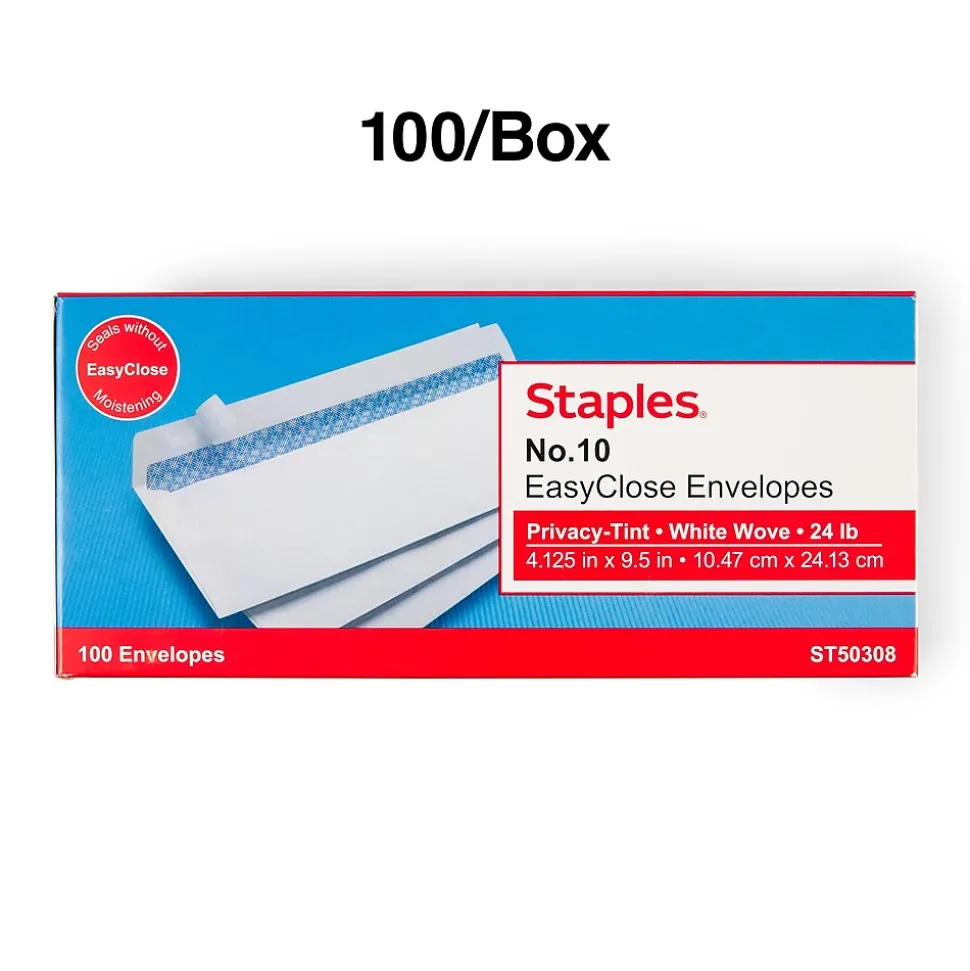 Staples QuickStrip EasyClose Self Seal Security Tinted #10 Business Envelopes, 4 1/8" x 9 1/2", White, 100/Box (ST50308-CC)