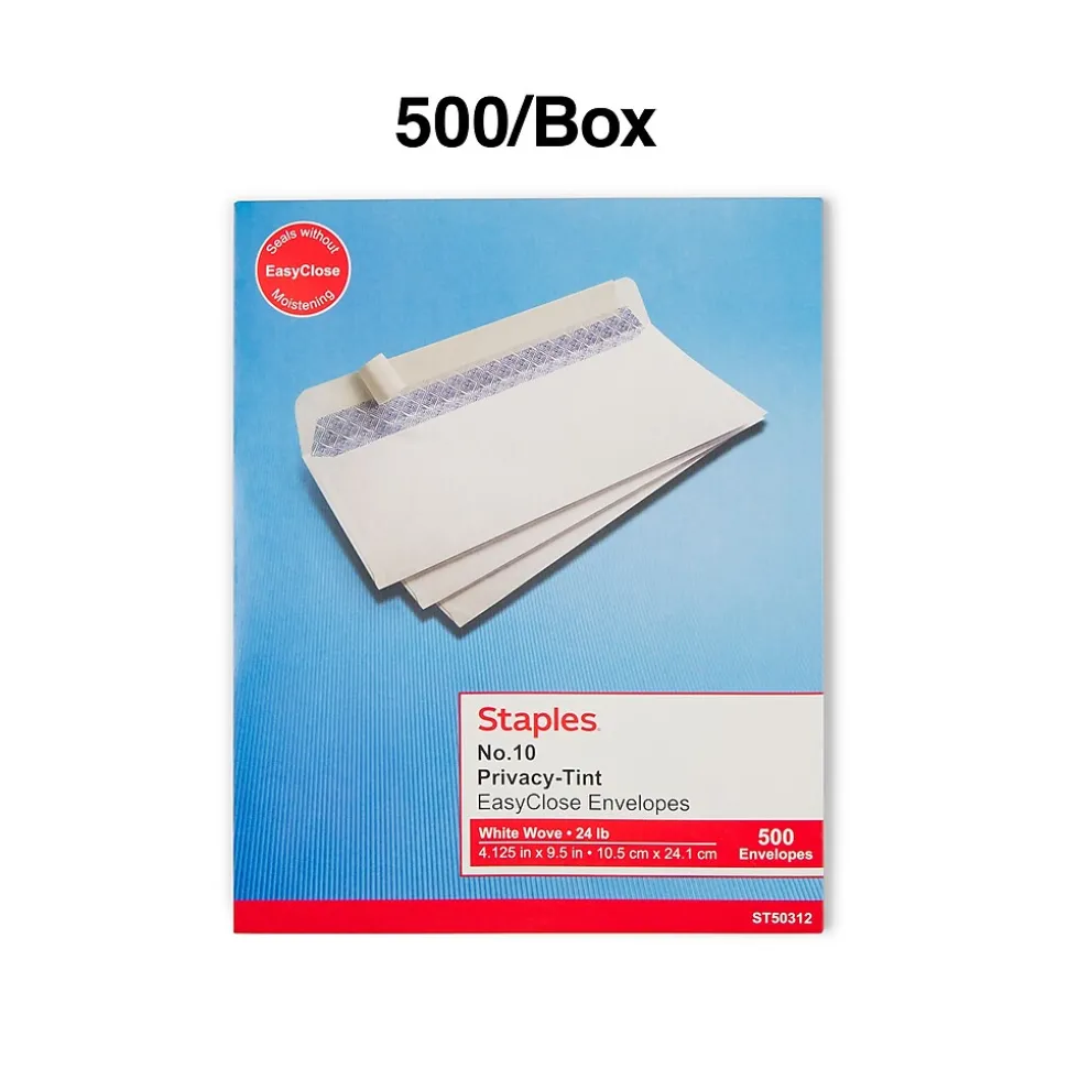 Staples QuickStrip EasyClose Self Seal Security Tinted #10 Business Envelopes, 4 1/8" x 9 1/2", White, 500/Box (ST50312-CC)