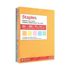 Staples Recycled Pastel Multipurpose Paper, 20 lbs., 8.5" x 11", Assorted Colors, 400 Sheets/Ream (14804)