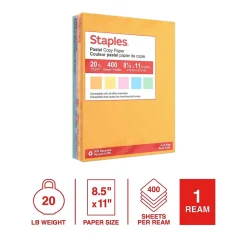 Staples Recycled Pastel Multipurpose Paper, 20 lbs., 8.5" x 11", Assorted Colors, 400 Sheets/Ream (14804)